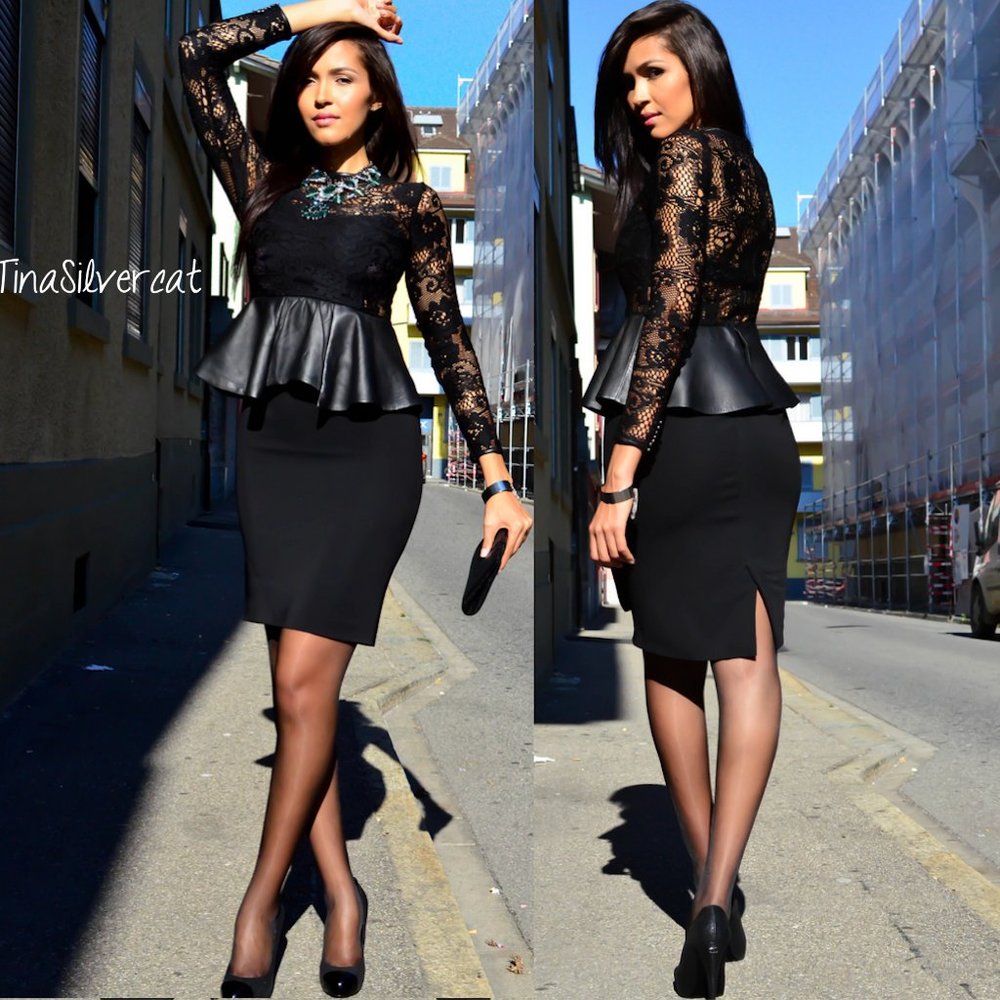 Zara Black Faux Leather Peplum Lace Mini Dress NWT